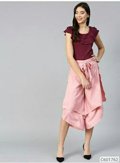 Women Stylish Crepe Layered Solid Top & Culottes Set