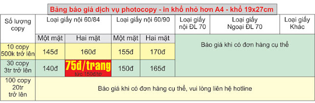 bảng giá dịch vụ photocopy khổ nhỏ hơn a4