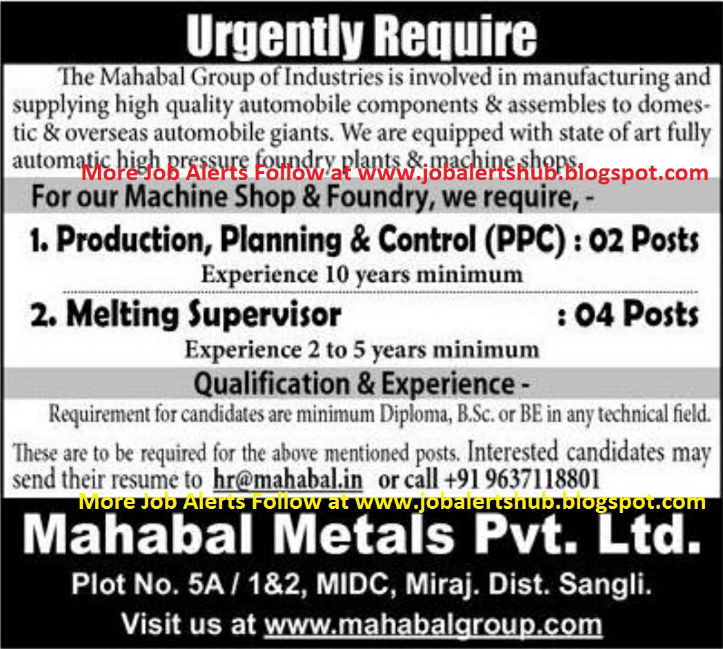 MAHABAL METALS PVT. LTD Hiring Production, Planning &Control