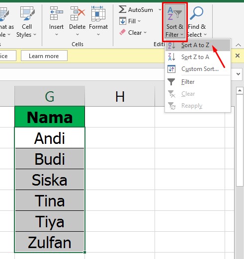 Cara Mengurutkan Abjad di Excel