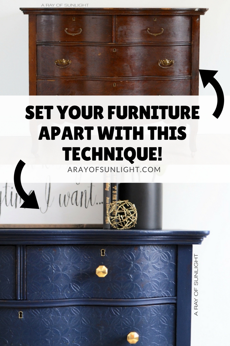 The Navy Dresser With Textured Drawers - A Ray Of Sunlight Navy Blue Antique Serpentine Dresser with Embossed Drawers and Gold Geometric Knobs - Painted in Country - The Navy Dresser With Textured Drawers - A Ray Of Sunlight