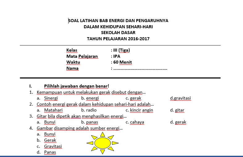 Soal Kelas 3 SD Bab Energi dan Pengaruhnya dalam Kehidupan