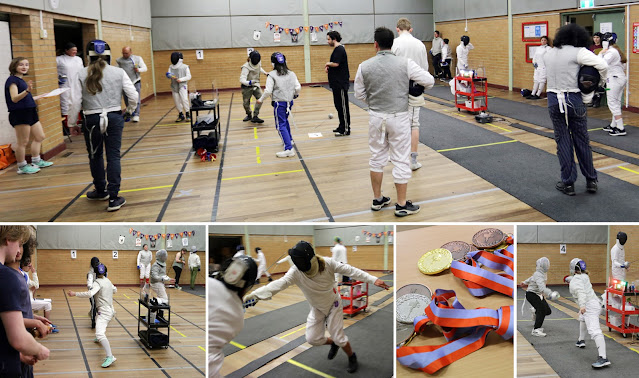 Stacked images: across the top is a long image showing many fencers of a range of ages fencing in the hall. Below left a close up of two female foil fencers bouting while others watch and talk. Beside this is a shot of a male fencer close up fleching. Beside that is a close up shot of some medals with ribbons in the MFC club colours of rich dark orange and pale purple. On the right is a shot of two female sabre fencers bouting with a tall male fencer in the background.