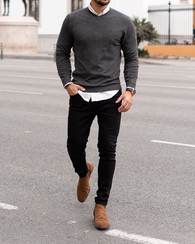 Men's Fashion Style Outfits Ideas Shirt with round neck sweaters and jeans.
