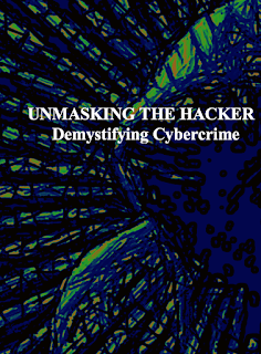 picture of the book cover draft, dark blue and green stylised hoody wearing person at a computer