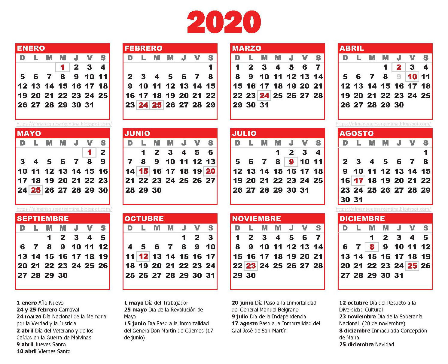 Calendario 2020 Argentina Para Imprimir Pdf Calendario 2019