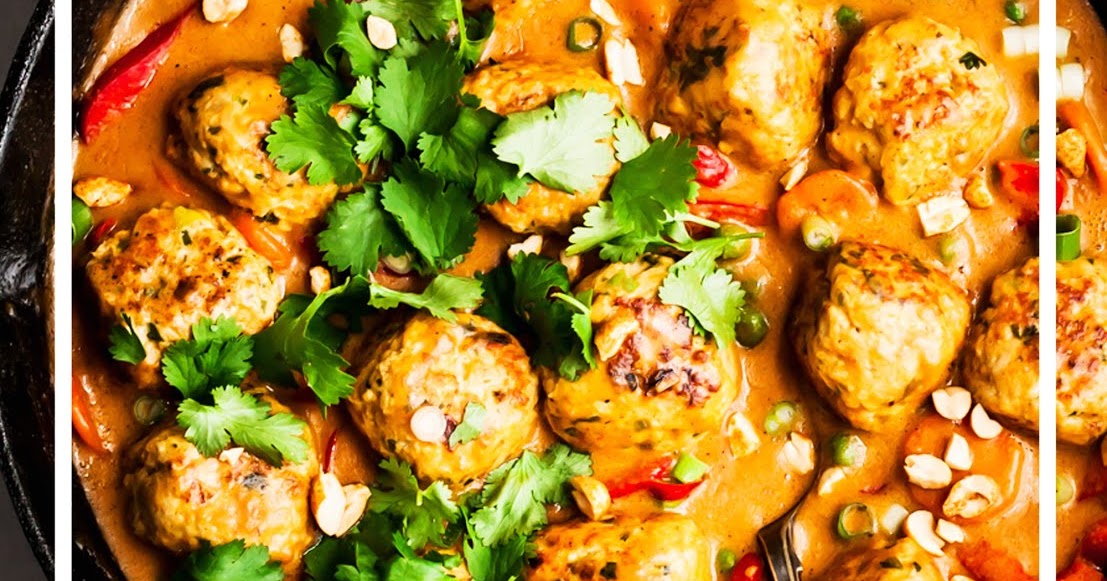 One Pan Ginger Chicken Meatballs with Peanut Sauce