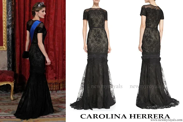Queen Letizia wore Carolina Herrera Short Sleeve Tiered Lace Evening Gown.