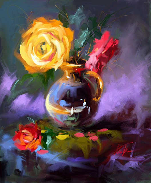 Roses in vase digital still life painting by Mikko Tyllinen