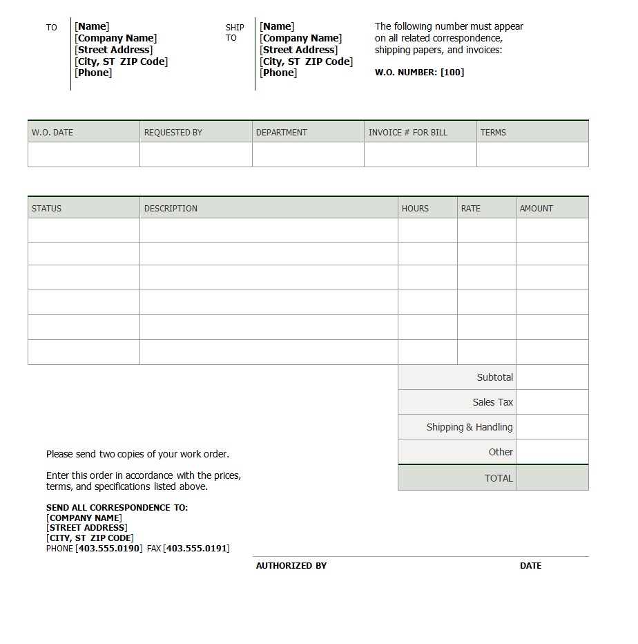 Work Order Format Template Sample