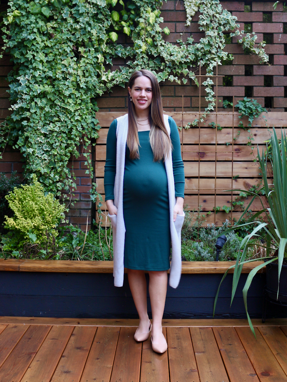 Jules in Flats - Squareneck Ribbed Midi Dress with Duster Vest (Business Casual Workwear on a Budget)
