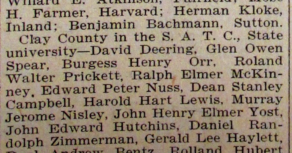 Sutton Nebraska Museum WWI Inductees in October, 1918