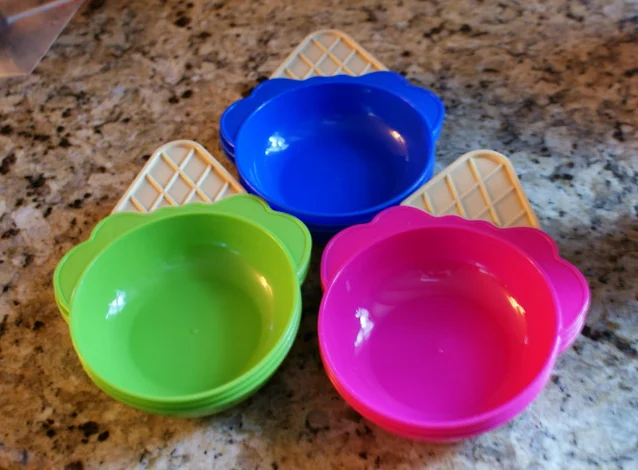blue green pink ice cream serving bowls