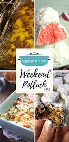 Weekend Potluck featured recipes include Sausage Egg and Cheese Breakfast Casserole, Peppermint Snowball Cookies, Slow Cooker Spinach and Artichoke Dip, Man Bars, and so much more.  #potluck #easyrecipe