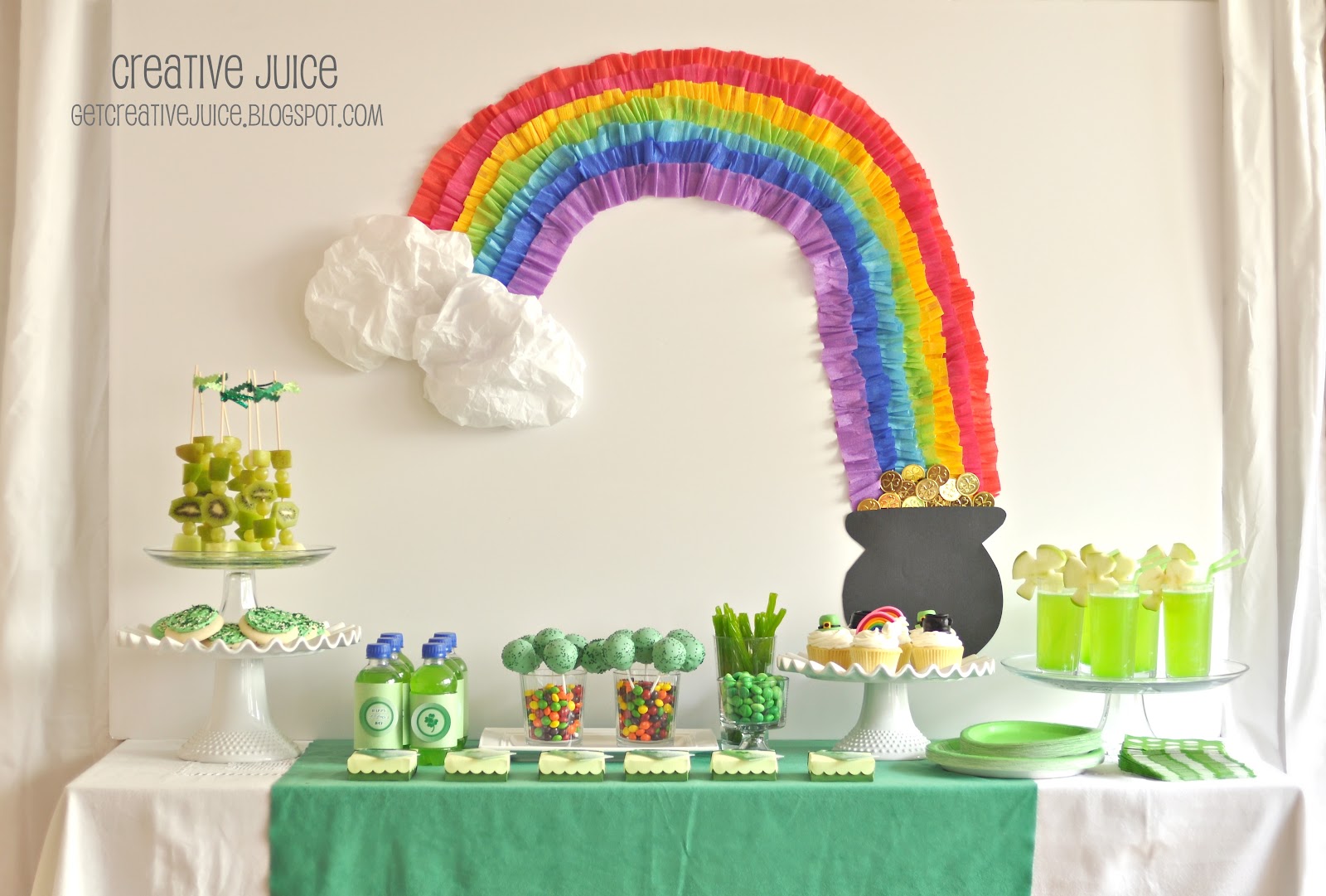 St Patrick's Day Rainbow Inspired Party Desserts table Styling - via BirdsParty.com