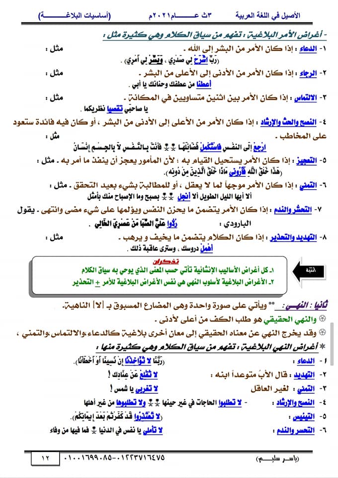 البلاغة - مراجعة البلاغة لثالثة ثانوي أ/ ياسر سليم 12