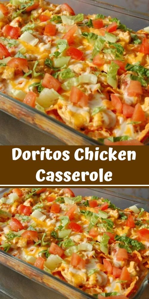 This Dorito chicken casserole is a simple and flavorful meal with a crunchy cheese and Dorito chip topping and crust. This is a casserole the whole family will love!