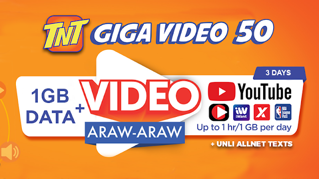 TNT Giga Video 50 : 1GB Data + 1GB Free YouTube Everyday + Unli All Net Texts for 3 Days