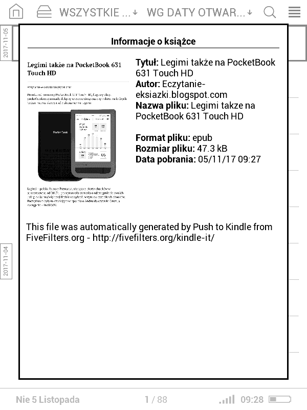 Zrzut ekranu - widok danych pliku artykułu wysłanego na czytnik PocketBook Basic 3 z użyciem wtyczki do przeglądarki Chrome - Push To Kindle oraz usług Send-to-PocketBook