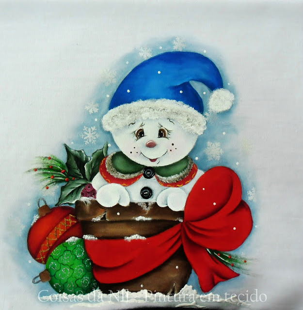 pintura em tecido de natal boneco de neve dentro de um vaso