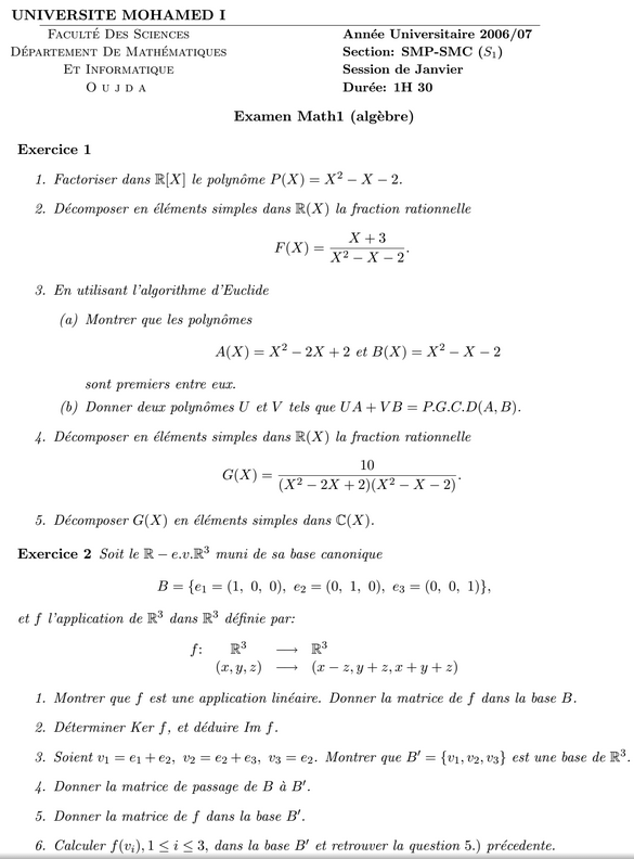examen algèbre 1 2006/07 SMPC S1 fso - ExoSup