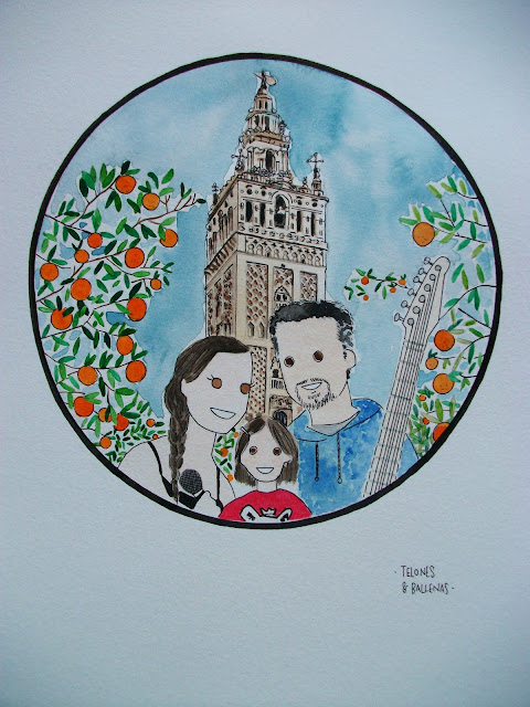 acuarela giralda sevilla familia retrato