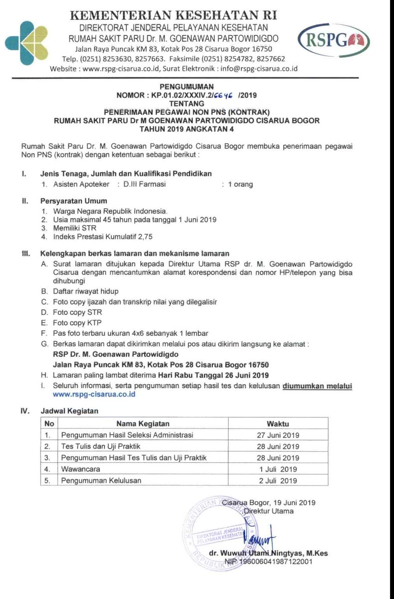 Penerimaan Pegawai Non PNS (Kontrak) Rumah Sakit Paru Dr M Goenawan
