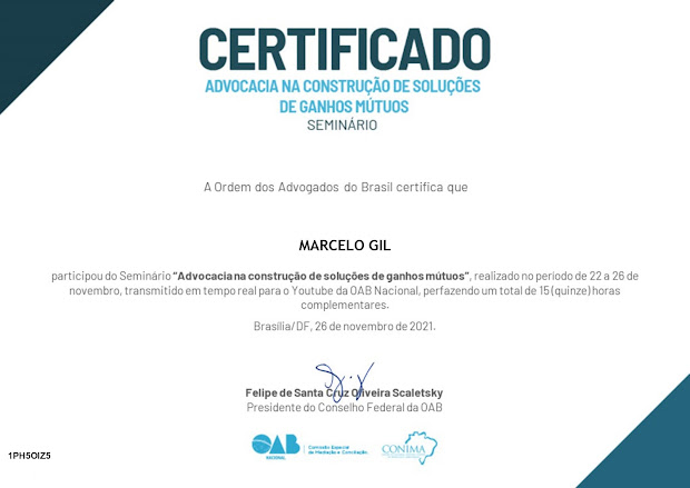 CERTIFICADO CONCEDIDO À MARCELO GIL PELA OAB/NACIONAL / 2021