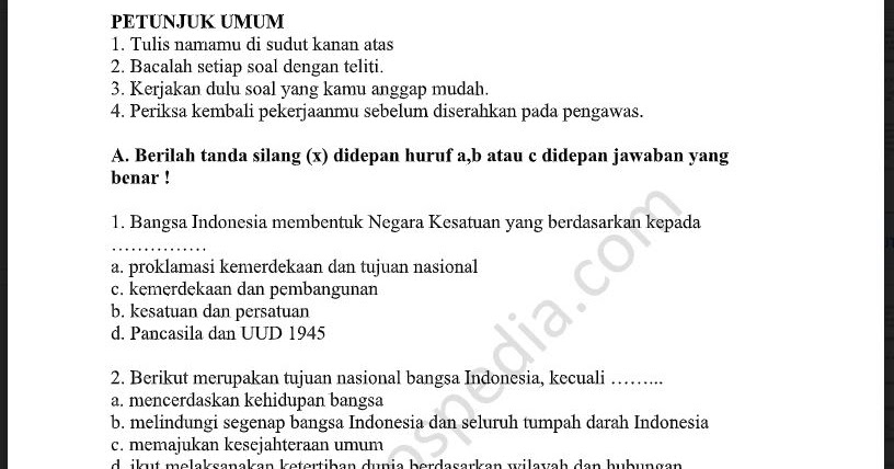 Soal UTS/PTS Pendidikan Kewarganegaraan (PKn) Kelas 9 Sem. Ganjil