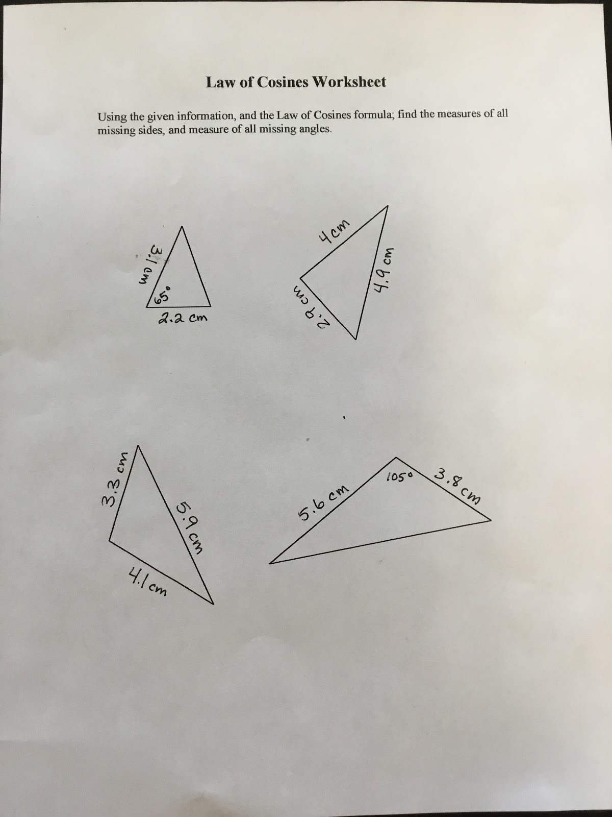 Biology by the Math Mom: Hands-On Law of Sines and Cosines