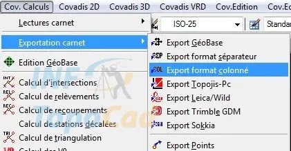 Formation Covadis Exportations coordonnées calculées depuis l’éditeur de GéoBases, Exportation carnet du menu Cov.Calculs fichier avec séparateur, fichier colonné au format Topojis, format Wild Leica, format Sokkia, Geotronics, Spectra Precision, topographie terrain carnet Formation, Covadis, Exportations, coordonnées, calculées, éditeur de GéoBases, Exportation carnet, menu Cov.Calculs, fichier avec séparateur, fichier colonné, format Topojis, format Wild Leica, format Sokkia, Geotronics, Spectra Precision, topographie terrain, carnet