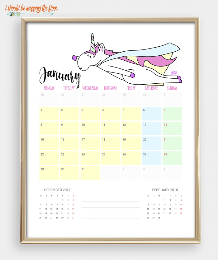 2018 Printable Unicorn Calendar | 12 months of MAGICAL UNICORN love ready to print and enjoy. Bonus Unicorn Weekly Planner Printable, too!