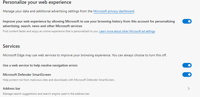 Microsoft Edge Web Experience-services personaliseren