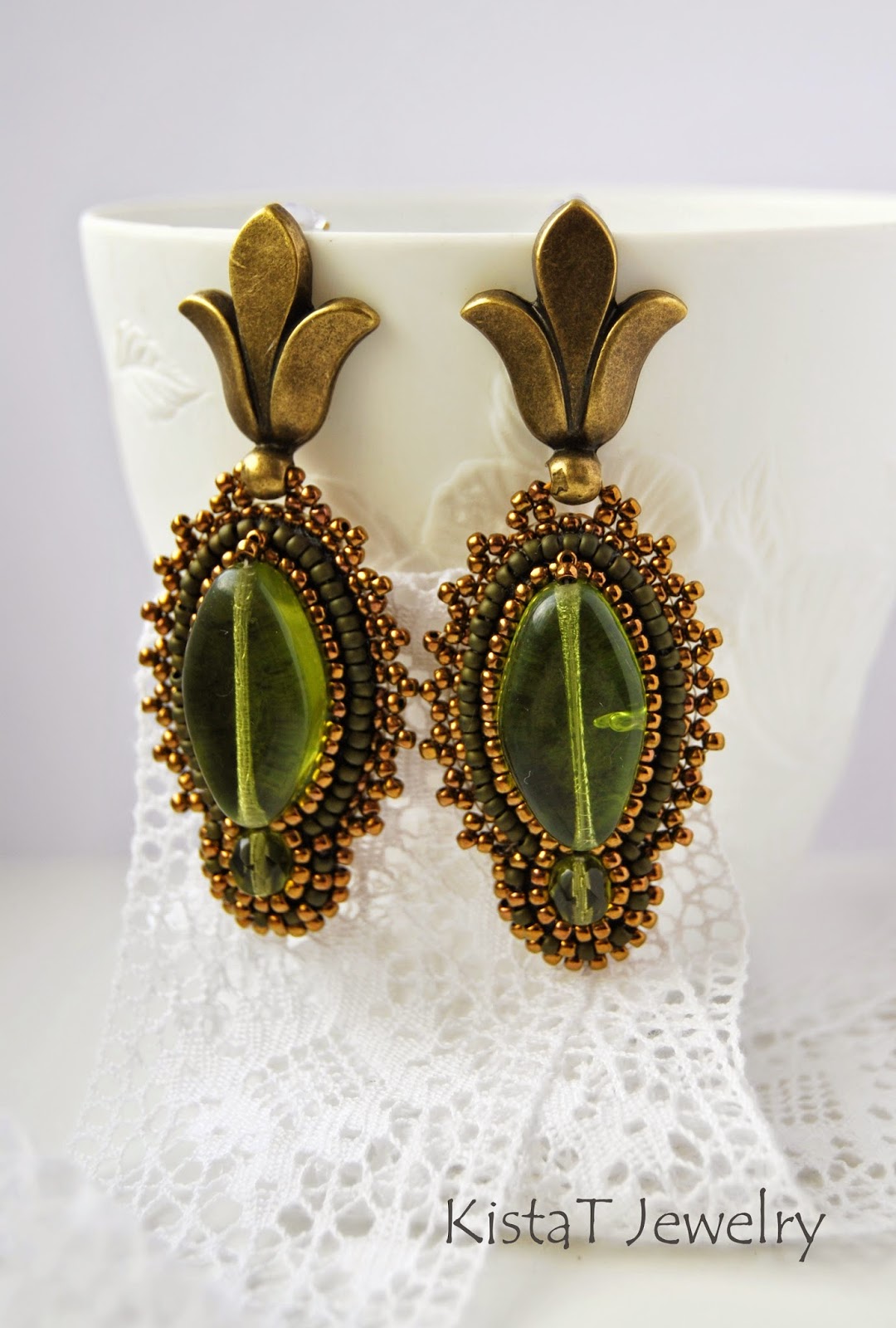 KistaT Jewelry Green and bronze bead embroidered earrings