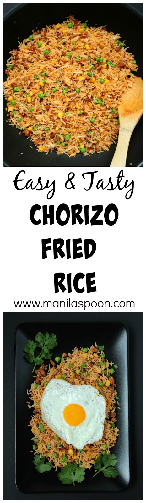 Don't throw away your left-over rice and make this easy and tasty Chorizo Fried Rice. Simply add a few drops of hot sauce to give it a spicy kick! Oh yum!
