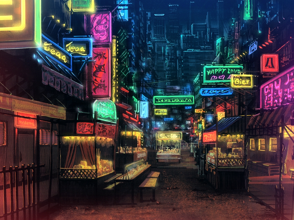 Anime Landscape: Neon Night Shops (Anime Background)