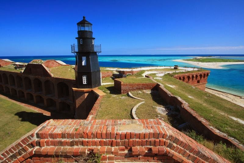 Fort Jefferson is one of the central features of the seven small "Dry Tortugas Islands" in the Gulf of Mexico. Fort Jefferson constructed between 1845 and 1876, Fort Jefferson named after the third President Thomas Jefferson, and Fort Jefferson is a 19th-century third system coastal fortification that occupies the majority of Garden Key in the remote Dry Tortugas National Park in the Florida Keys.