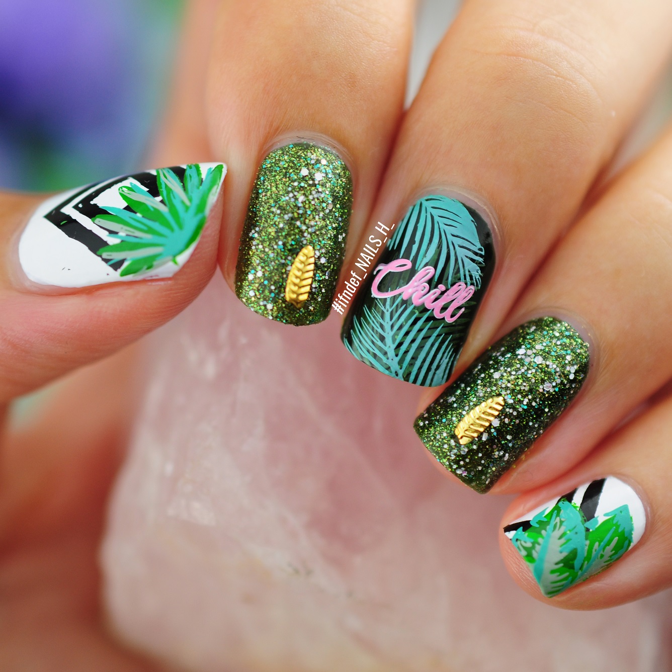 Over The Top-ical // Tropical Leaves, Line Art & Glitter Nail Design ...