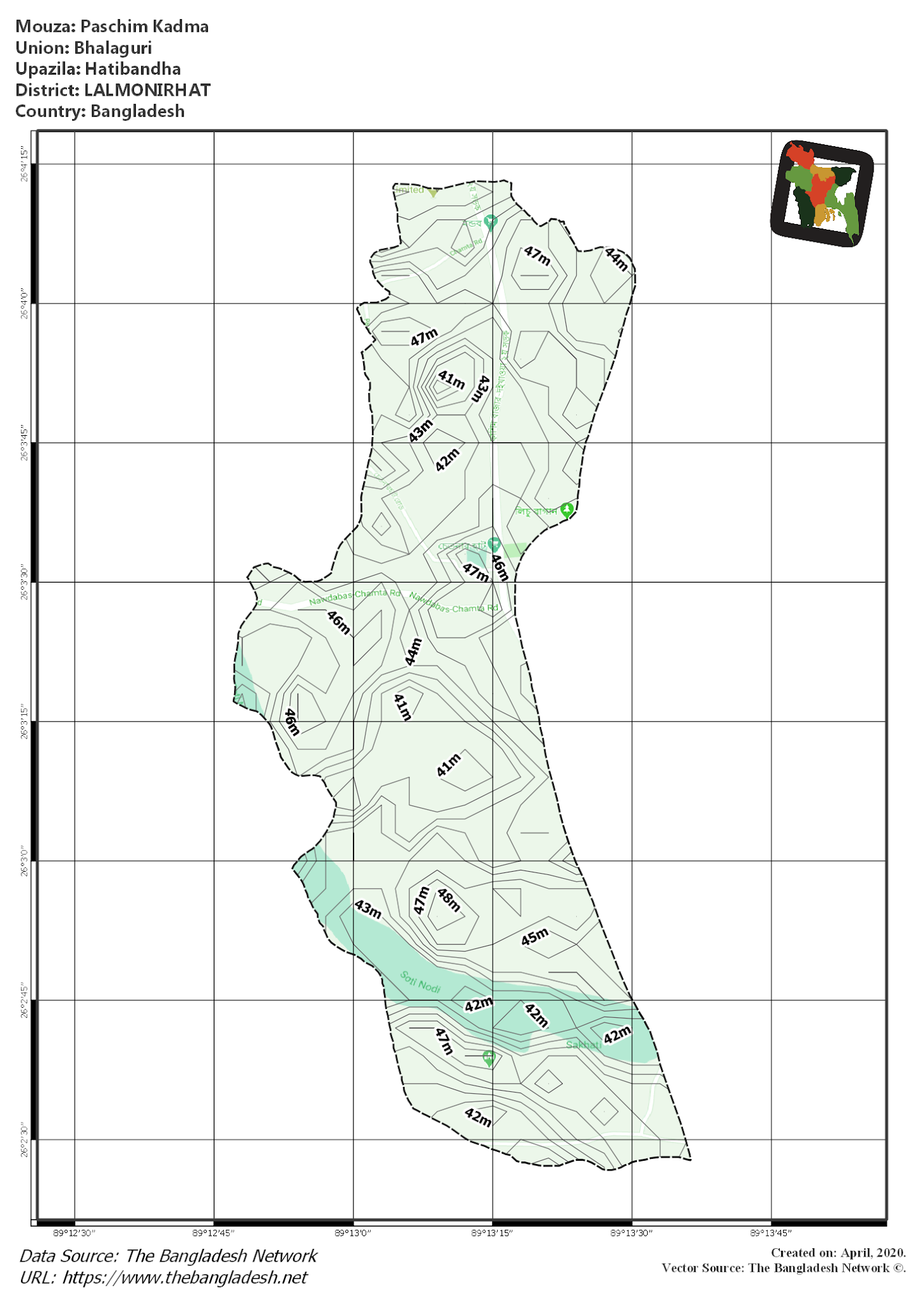 Map of Paschim Kadma Mouza of Hatibandha Upazila, LALMONIRHAT, Bangladesh.