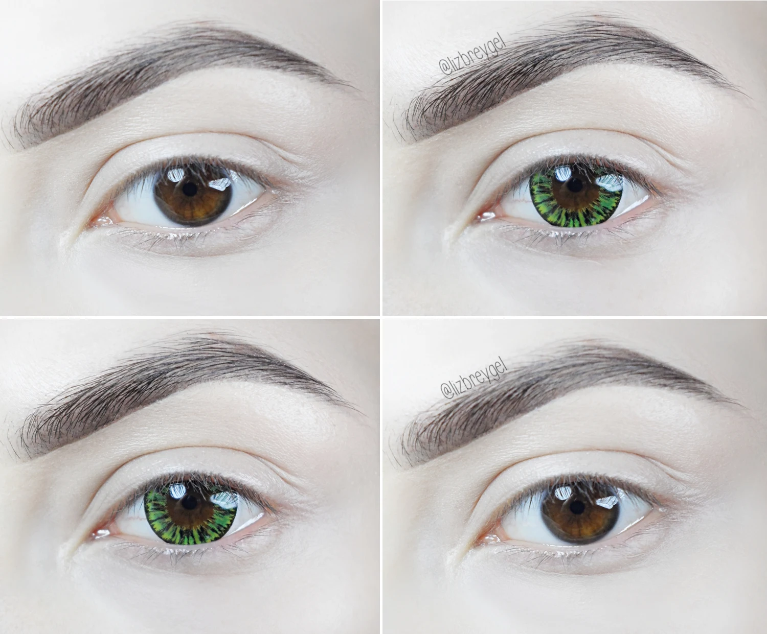 close-up of a brown eye with green eye-enlarging circle lenses, before and after results