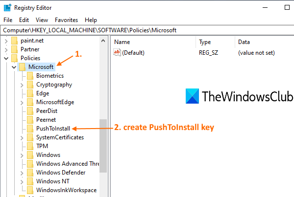 seleziona la chiave Microsoft crea PushToInstall