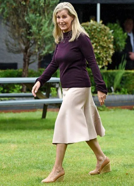 Sophie, Countess of Wessex wore Aross Girl silk satin midi skirt, Castaner Carina canvas wedge espadrilles, Patrick Mavros earrings