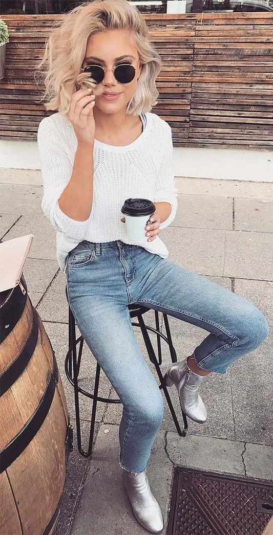 street style inspiration / white top + jeans + silver boots