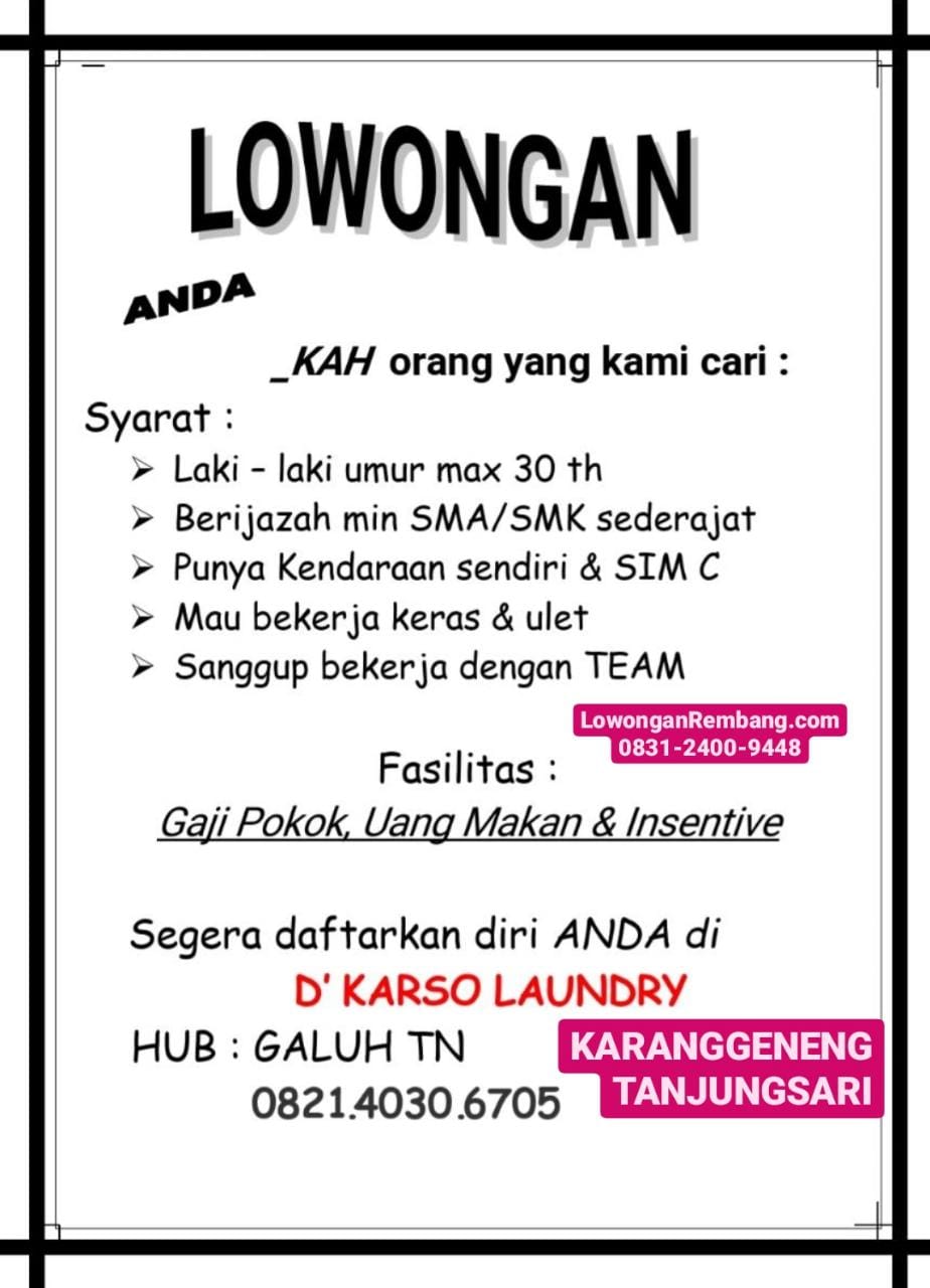 Lowongan Kerja Karyawan D Karso Laundry Karanggeneng Tanjungsari Rembang Lowongan Rembang