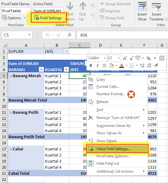 Panduan menerapkan number format pada pivottable excel