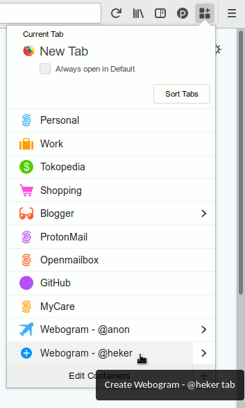 Menu pilihan addons Mozilla Multi-Account Containers