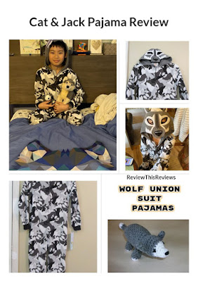 A collage of toy wolf and the Wolf Union Suit Pajamas modeled by my grandson