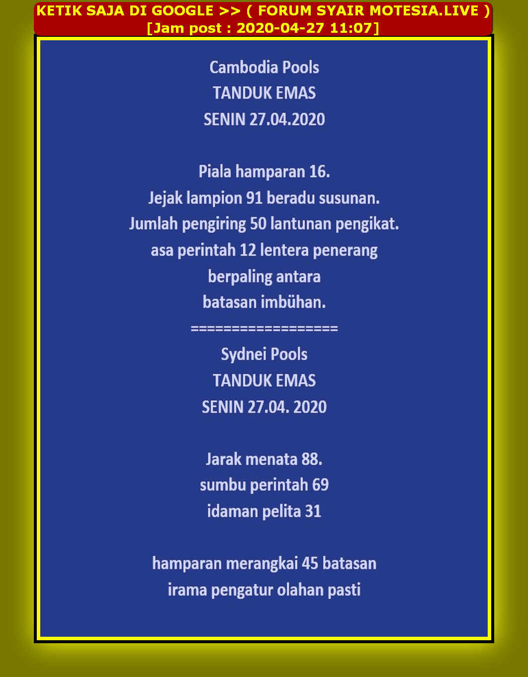 Kode Syair Sydney 27 April 2020 Forum Syair Togel Hongkong Singapura Sydney