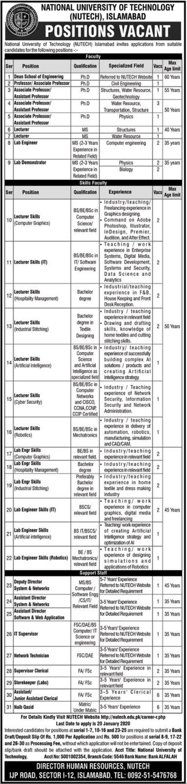 National University of Technology NUTECH Islamabad Jobs 2020