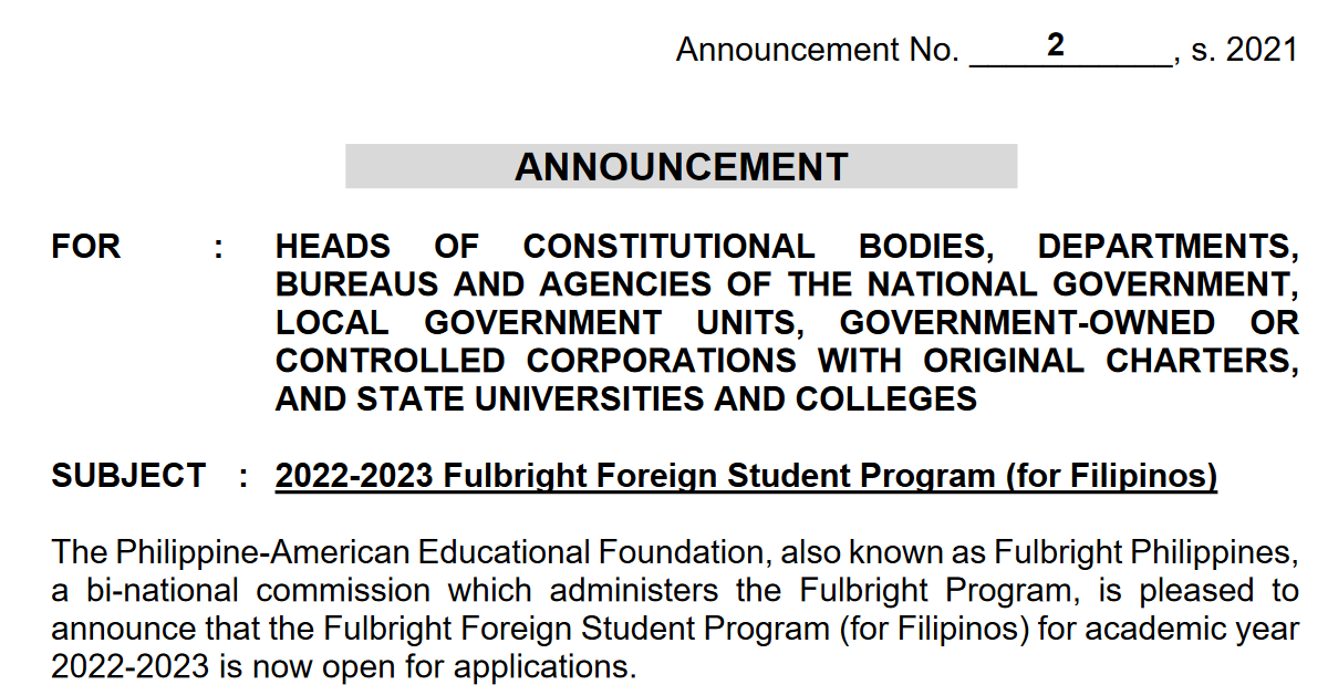 Study Abroad FULBRIGHT SCHOLARSHIP for Filipinos Academic Year 20222023